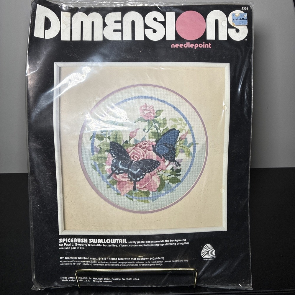 VTG Swallowtail Butterfly & Roses Dimensions Needlepoint COMPLETE Kit Spicebush